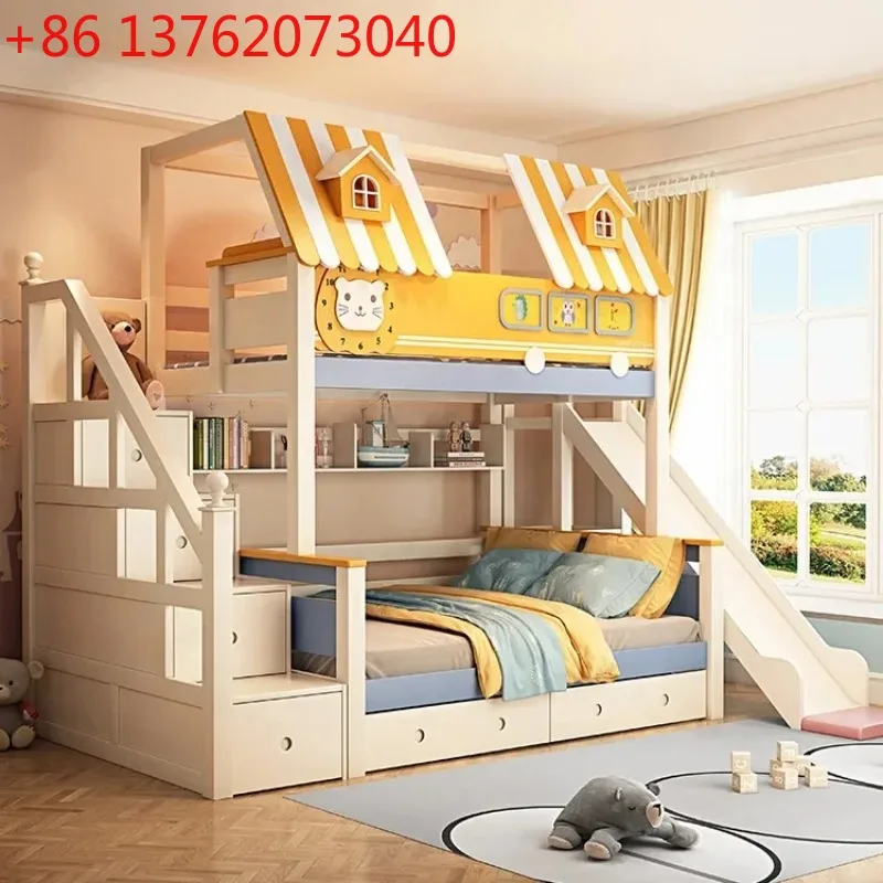 Bunk Bed With Stairs And Slide - Houten kinderkamer stapelbed met glijbaan en