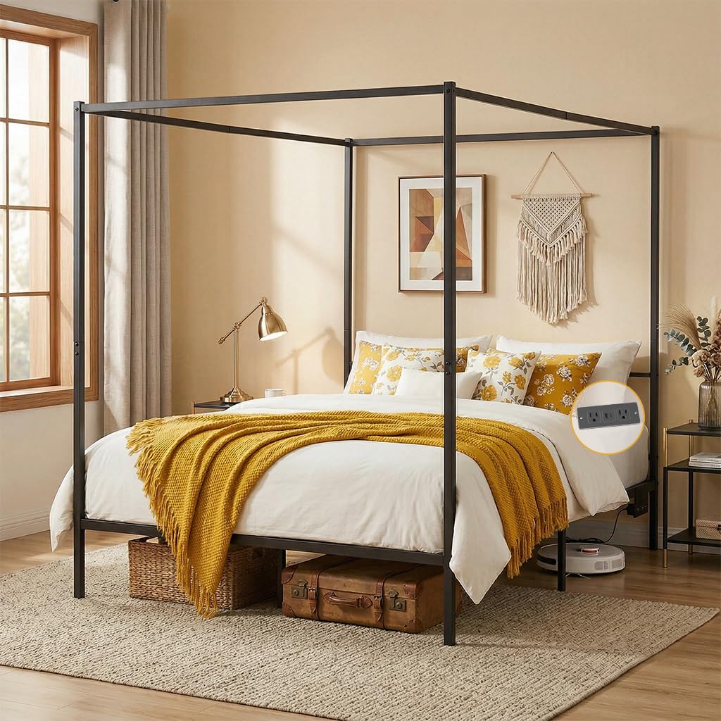Canopy Bed Frame Metal Queen - Hemelbedframe Queen Metal met verplaatsbaar oplaadstation