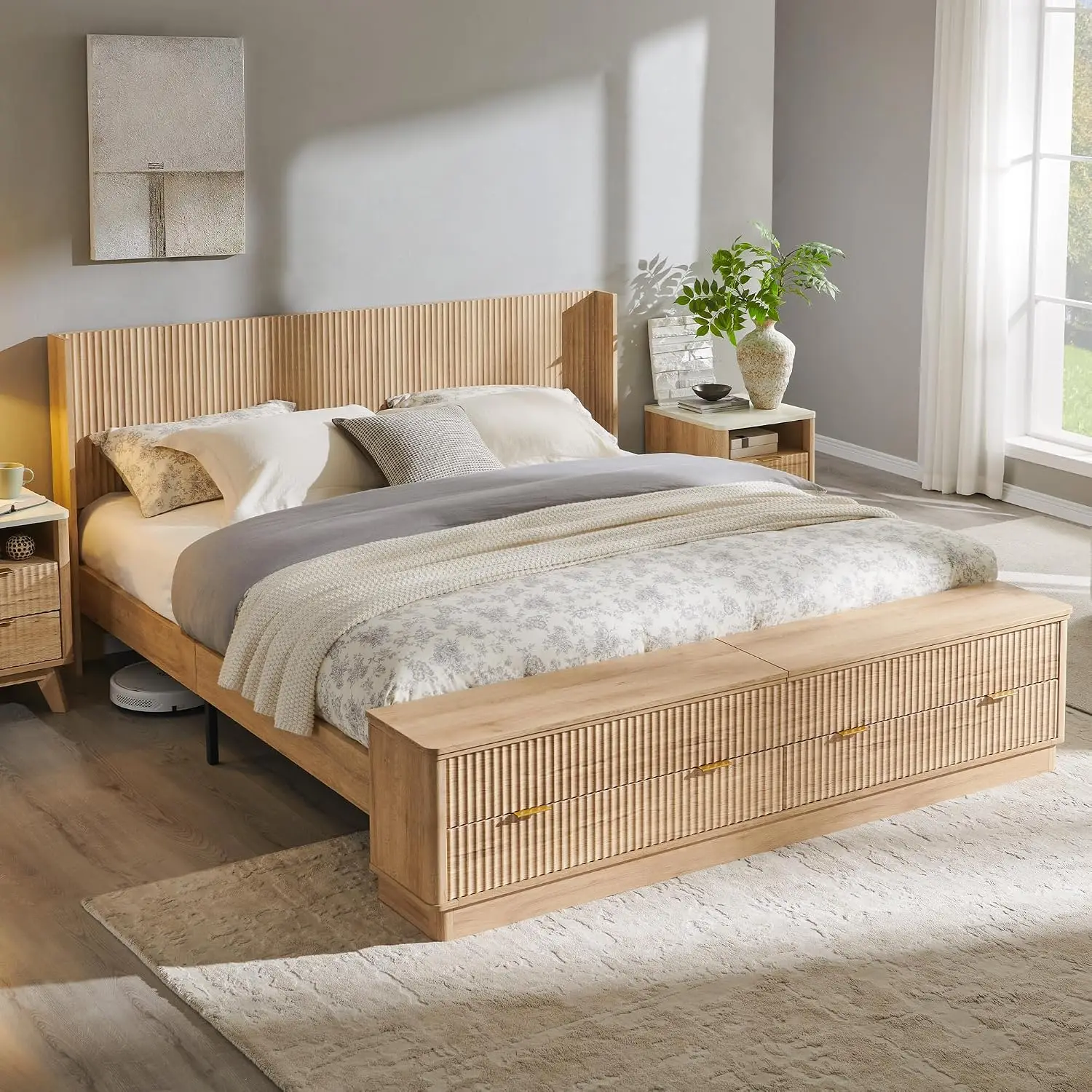 King Size Bed Frame With Storage Drawers - Gecanneleerd kingsize bedframe met hoofdeinde en