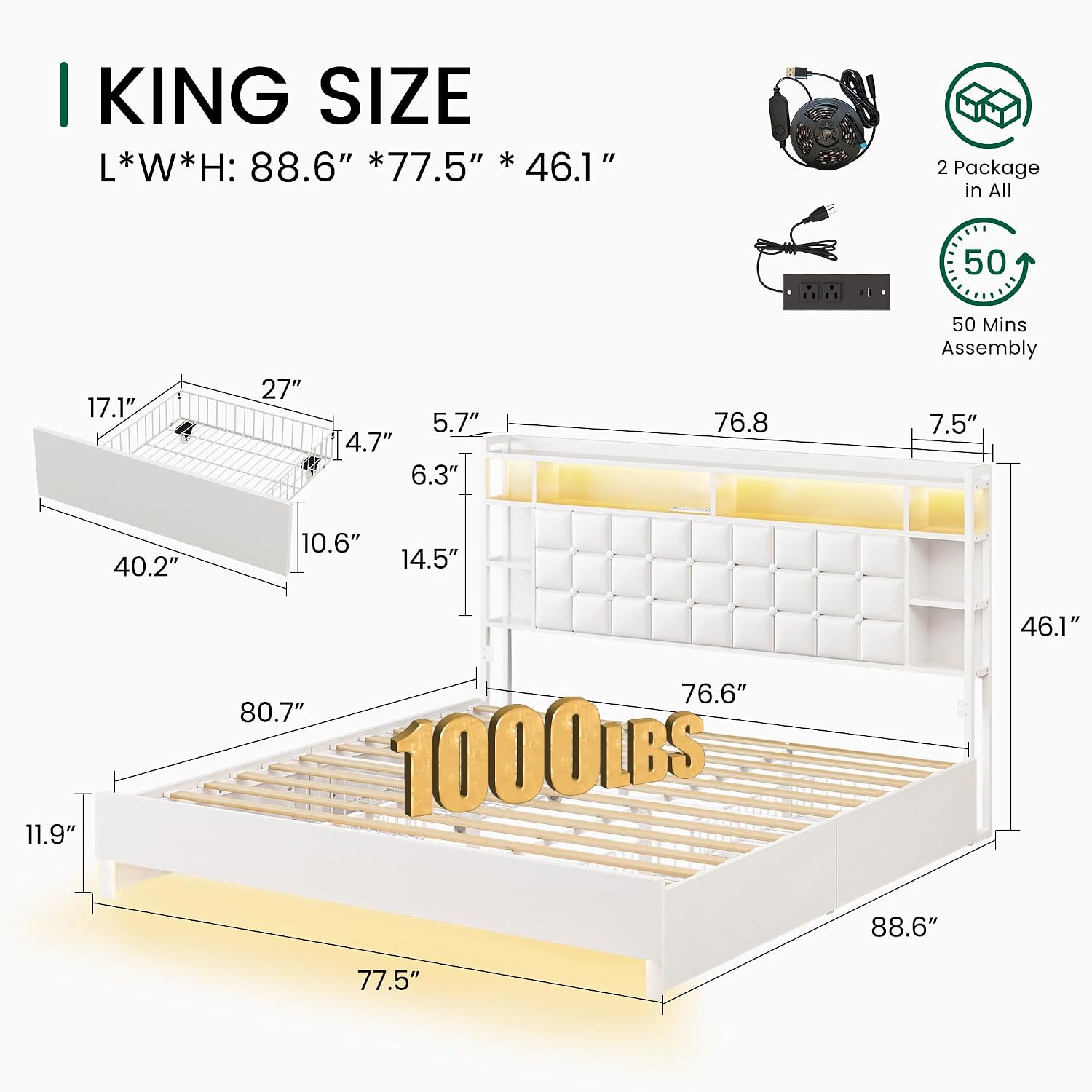 King Size Bed Frame With Storage Drawers - Houten bedframe in kingsize, met opberglades