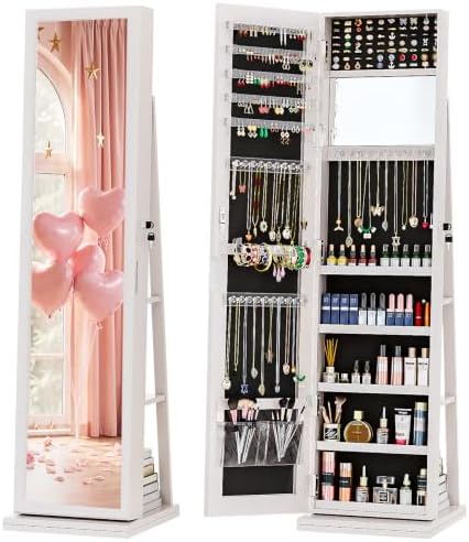 Full Length Mirror Jewelry Armoire - 4-in-1 Sieradenkast Sieradenkastje Met Slot, Wit