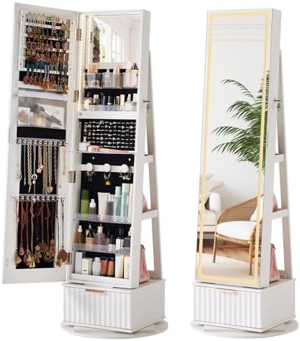 Full Length Mirror Jewelry Armoire - Gegroefd 360 ° Draaibare sieradenkast met