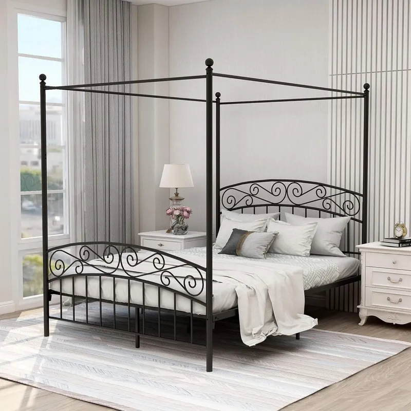 Canopy Bed Frame Metal Queen - Queen-size bedframe met hemelbed, vierpilaren, van