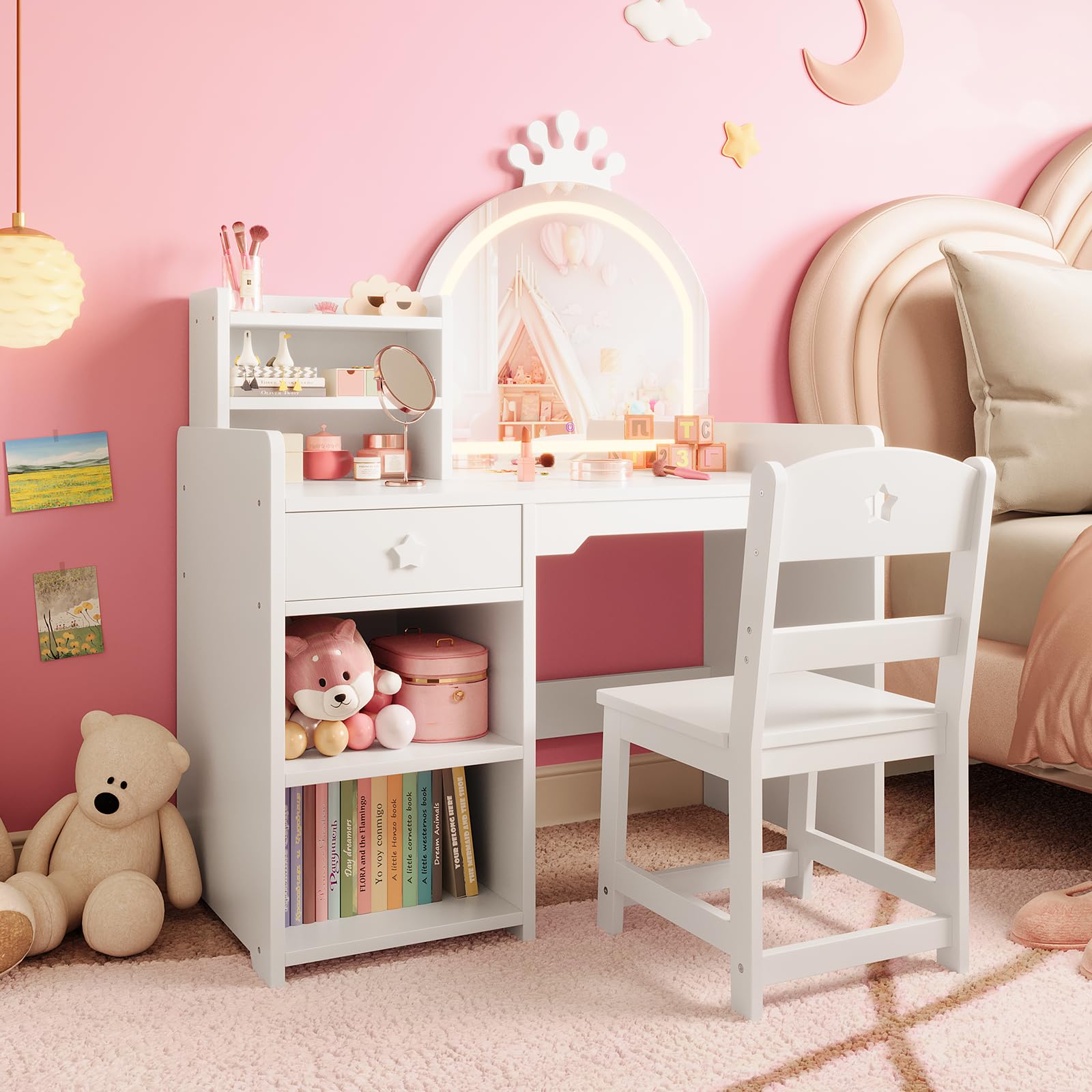 Dressing Table Vanity With Lighted Mirror - Kinderkaptafel & Stoelset - LED-verlichte spiegel
