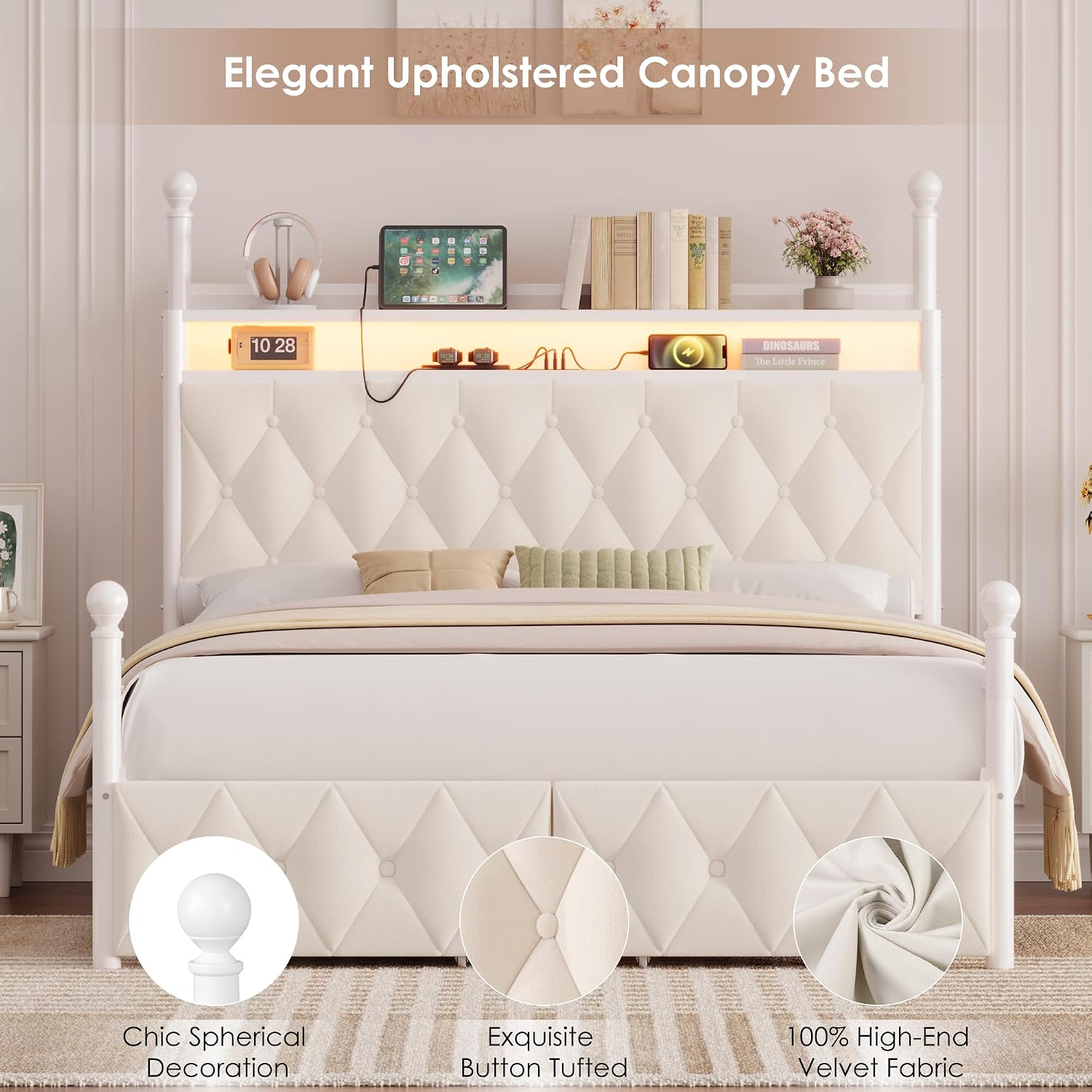Canopy Bed Frame Metal Queen - Queen-size LED-hoofdbord met opbergruimte en oplaadstation,