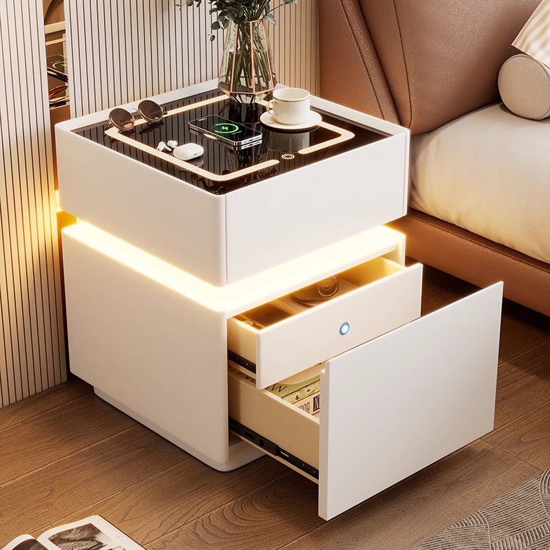 Solid Wood Nightstand 2 Drawers - Intelligent nachtkastje met sensorlicht Houten slaapkamer