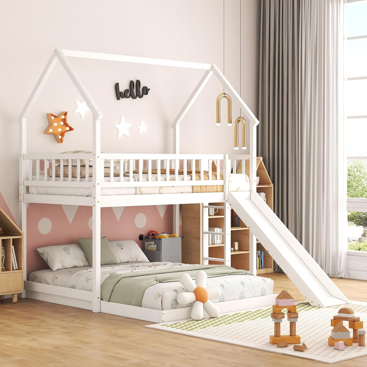 Bunk Bed With Stairs And Slide - Huisvormig stapelbed met trap en glijbaan