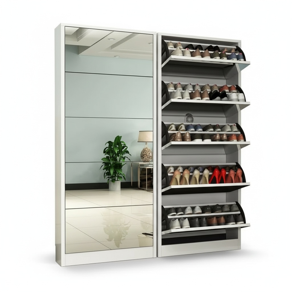 Shoe Rack Cabinet Narrow Entryway - Moderne houten schoenenkast met spiegel, slanke
