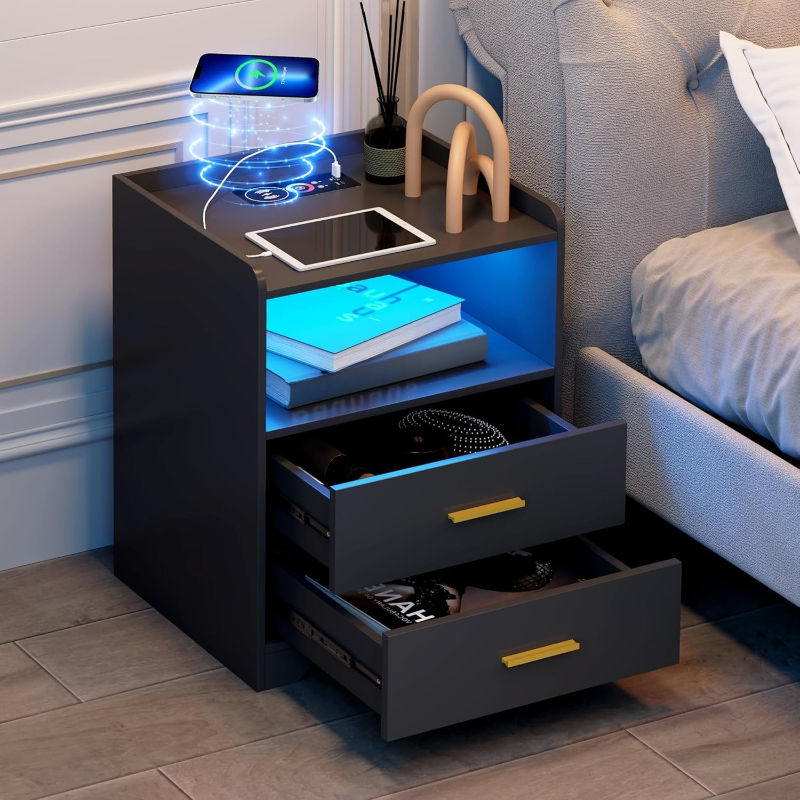 Solid Wood Nightstand 2 Drawers - Zwart LED-nachtkastje met laadstation Moderne 24-kleuren