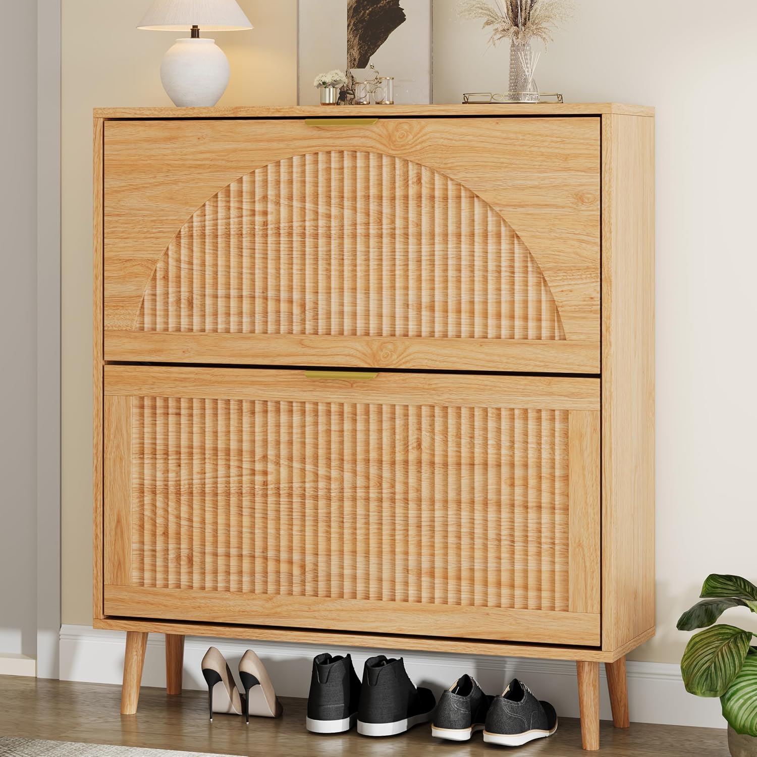 Shoe Rack Cabinet Narrow Entryway - Houten schoenenkast met 2 opklapbare lades,