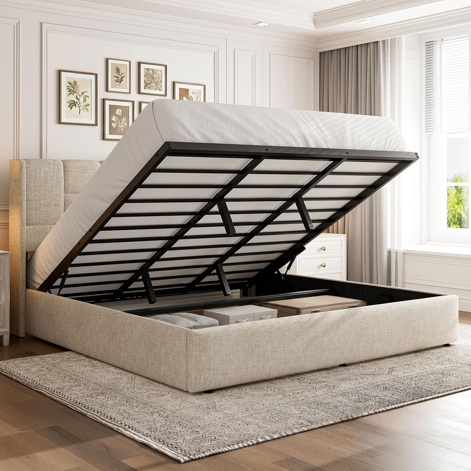 Gas Lift Storage Bed Hydraulic - Kingsize bedframe met hydraulische gaslift-opbergruimte, linnen