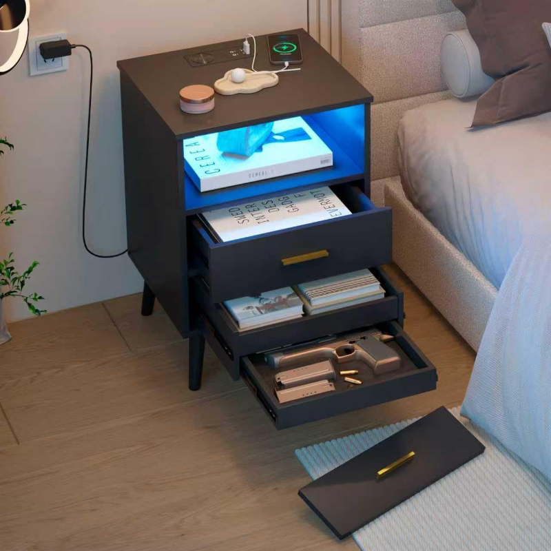 Solid Wood Nightstand 2 Drawers - Nachtkastje met lade Oplaadbaar Nachtkastje met