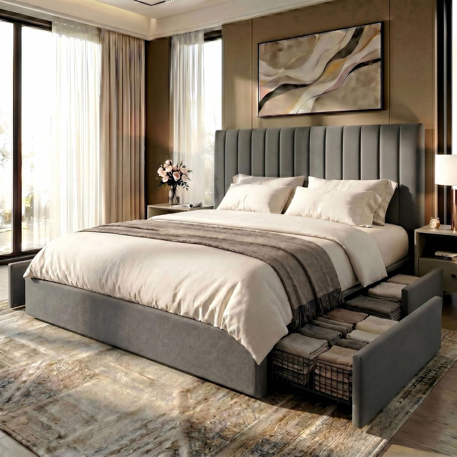 King Size Bed Frame With Storage Drawers - Platformbedframe in kingsize, met 4 extra