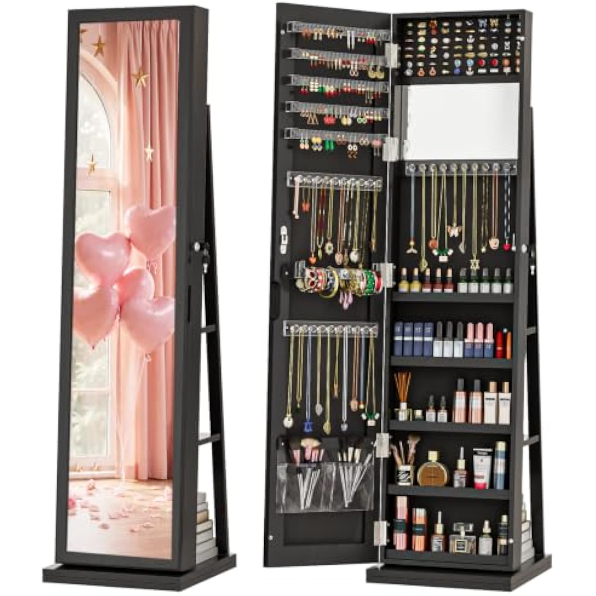 Full Length Mirror Jewelry Armoire - Elegante zwarte staande sieradenkast met draaibare