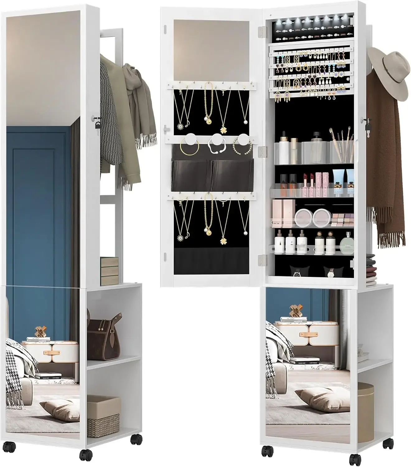 Full Length Mirror Jewelry Armoire - 8 LED's sieradenkast, 66,9-inch sieradenorganizer met