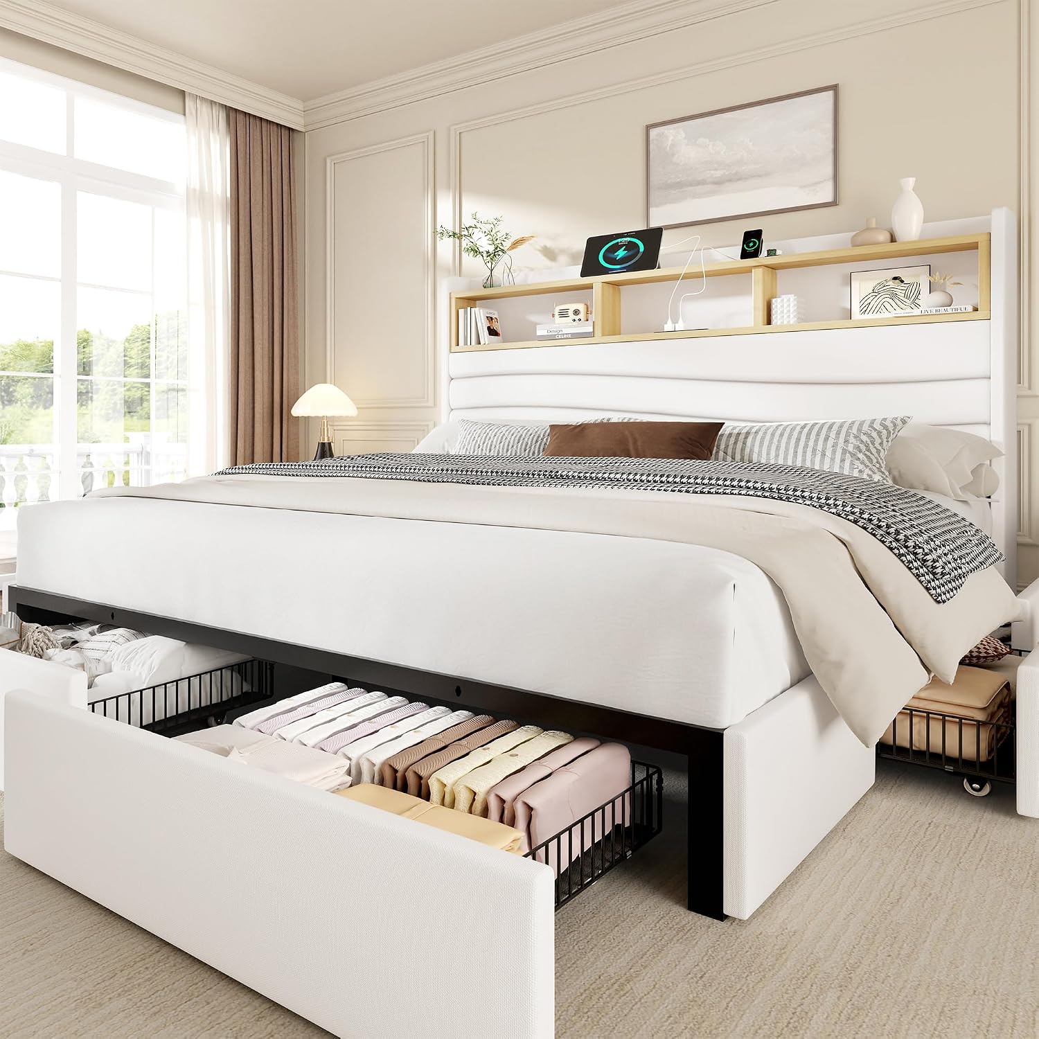 King Size Bed Frame With Storage Drawers - Kingsize bedframe met 6 opbergladen, linnen