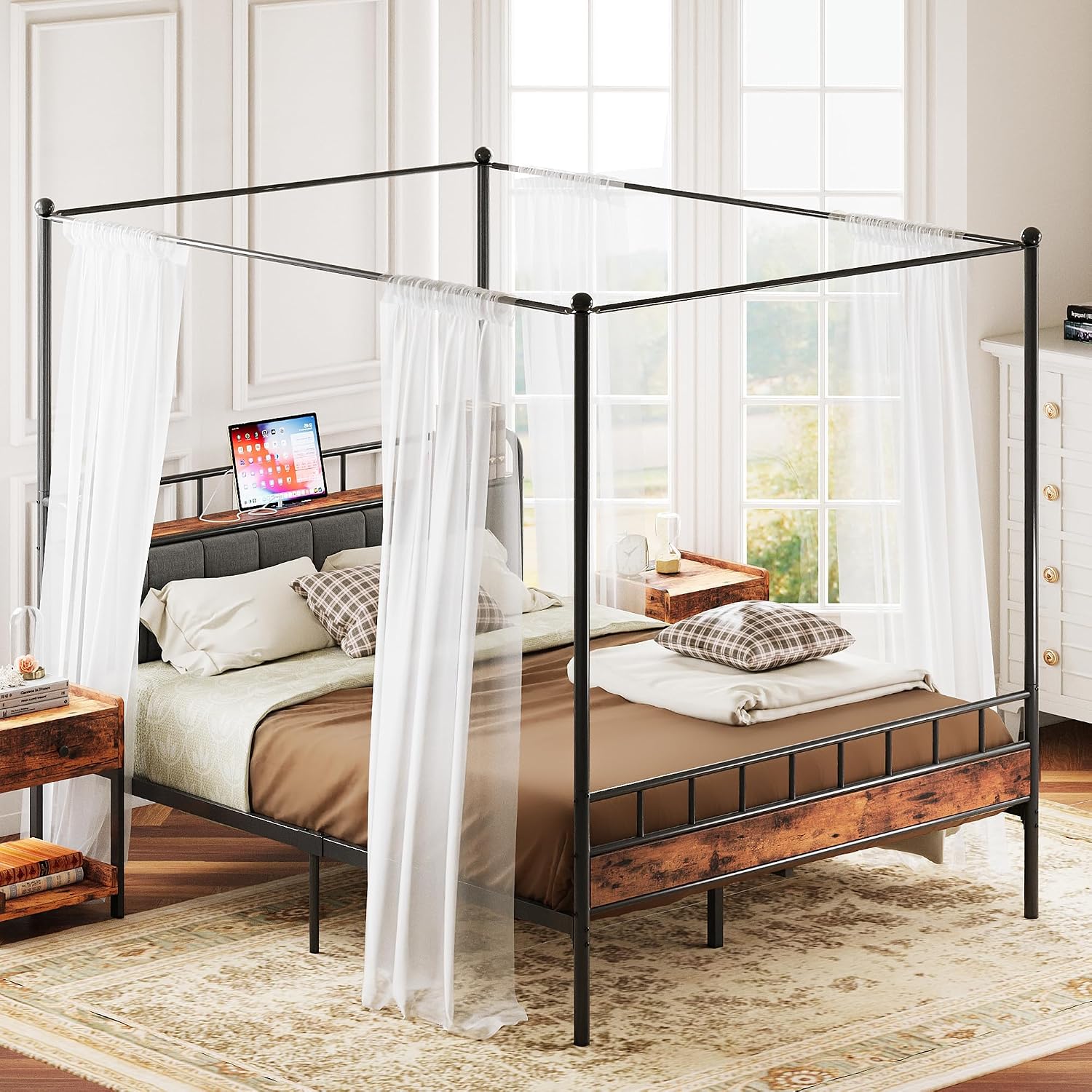Canopy Bed Frame Metal Queen - Koninginnekamerbedframe met opbergruimte, hoofdeinde, oplaadstation, metalen