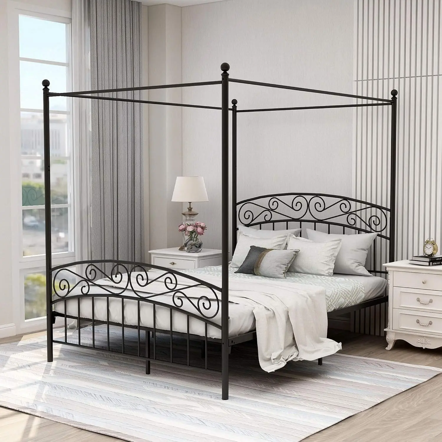 Canopy Bed Frame Metal Queen - Queensize hemelbedframe, vierposter metalen platformbed met