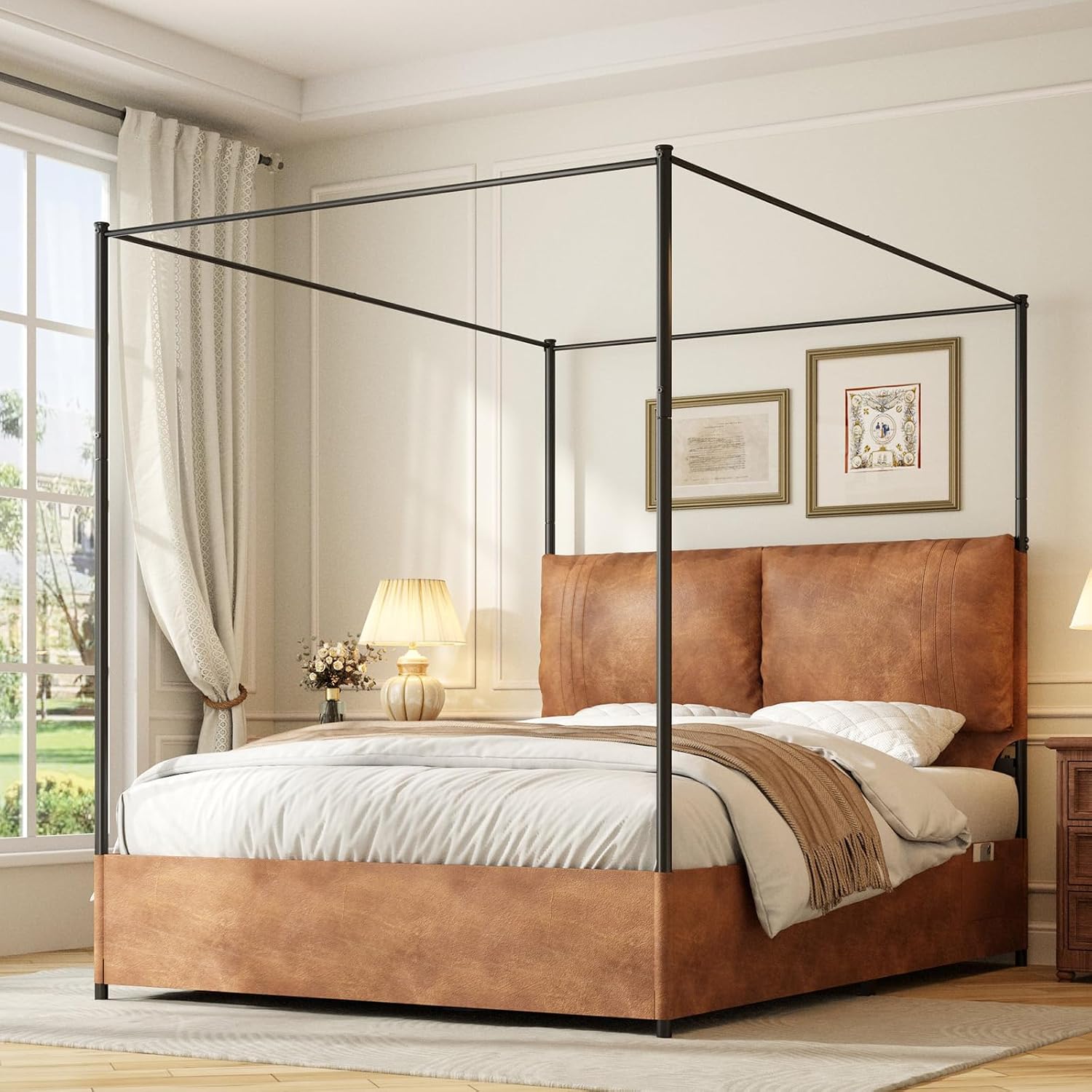 Canopy Bed Frame Metal Queen - Koninginnekamerbedframe met hoog gestoffeerd hoofdeinde van