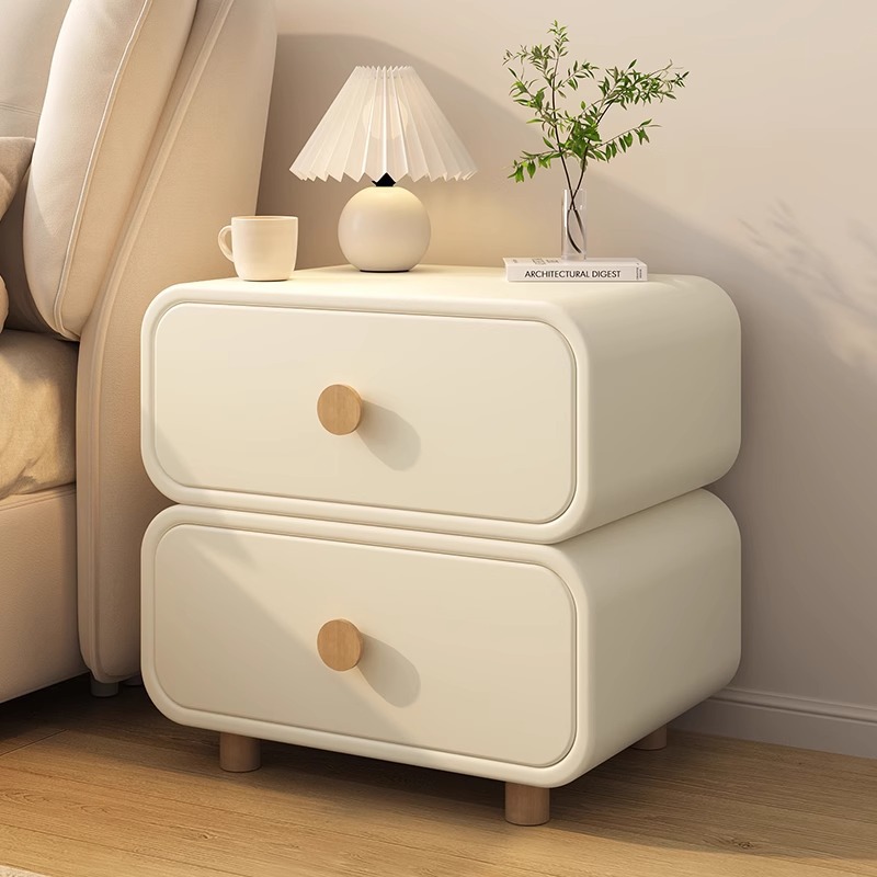Solid Wood Nightstand 2 Drawers - Minimalistisch crèmekleurig nachtkastje met afgeronde rand,