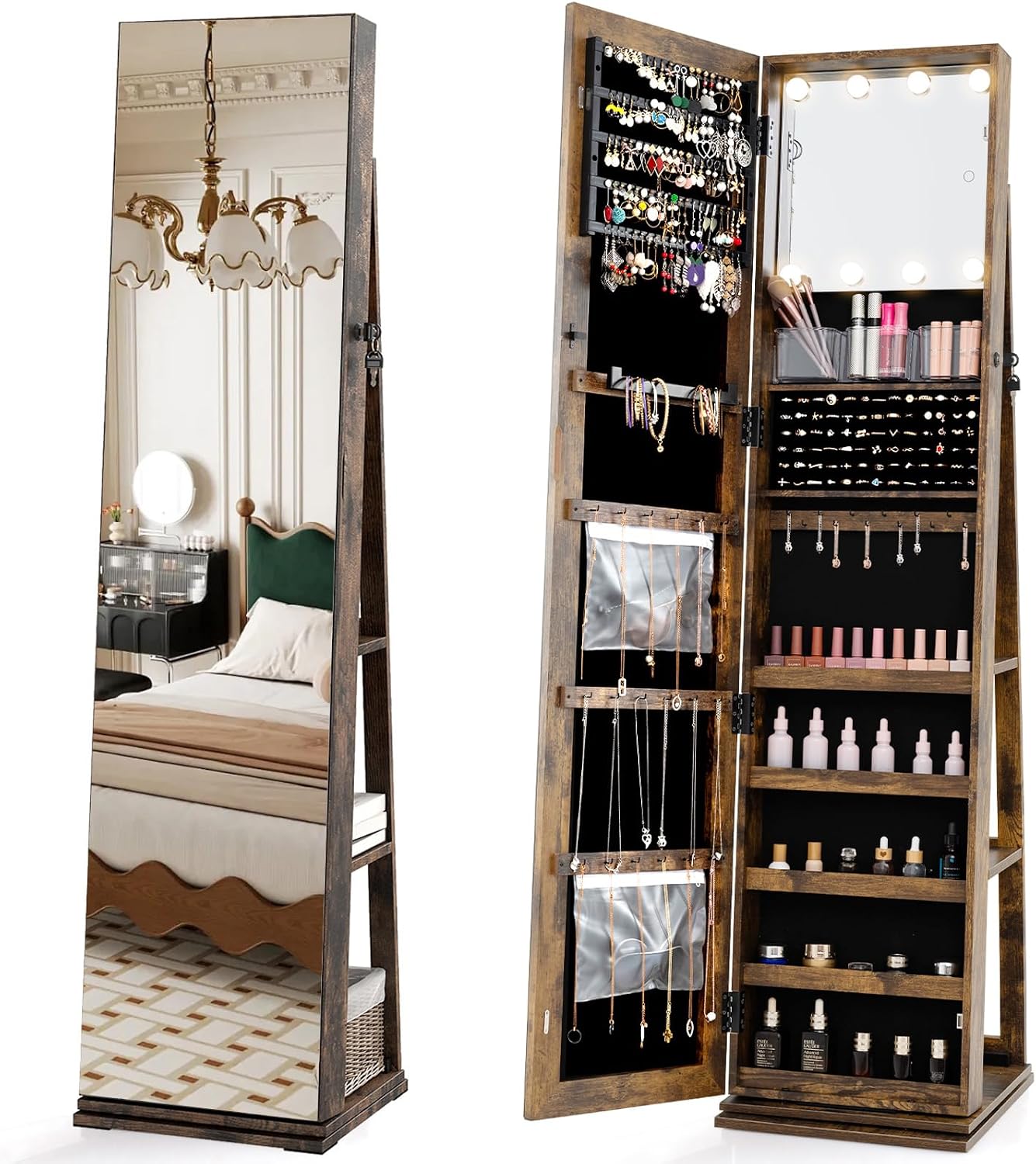 Full Length Mirror Jewelry Armoire - Draaibare sieradenkast met spiegel in volledige
