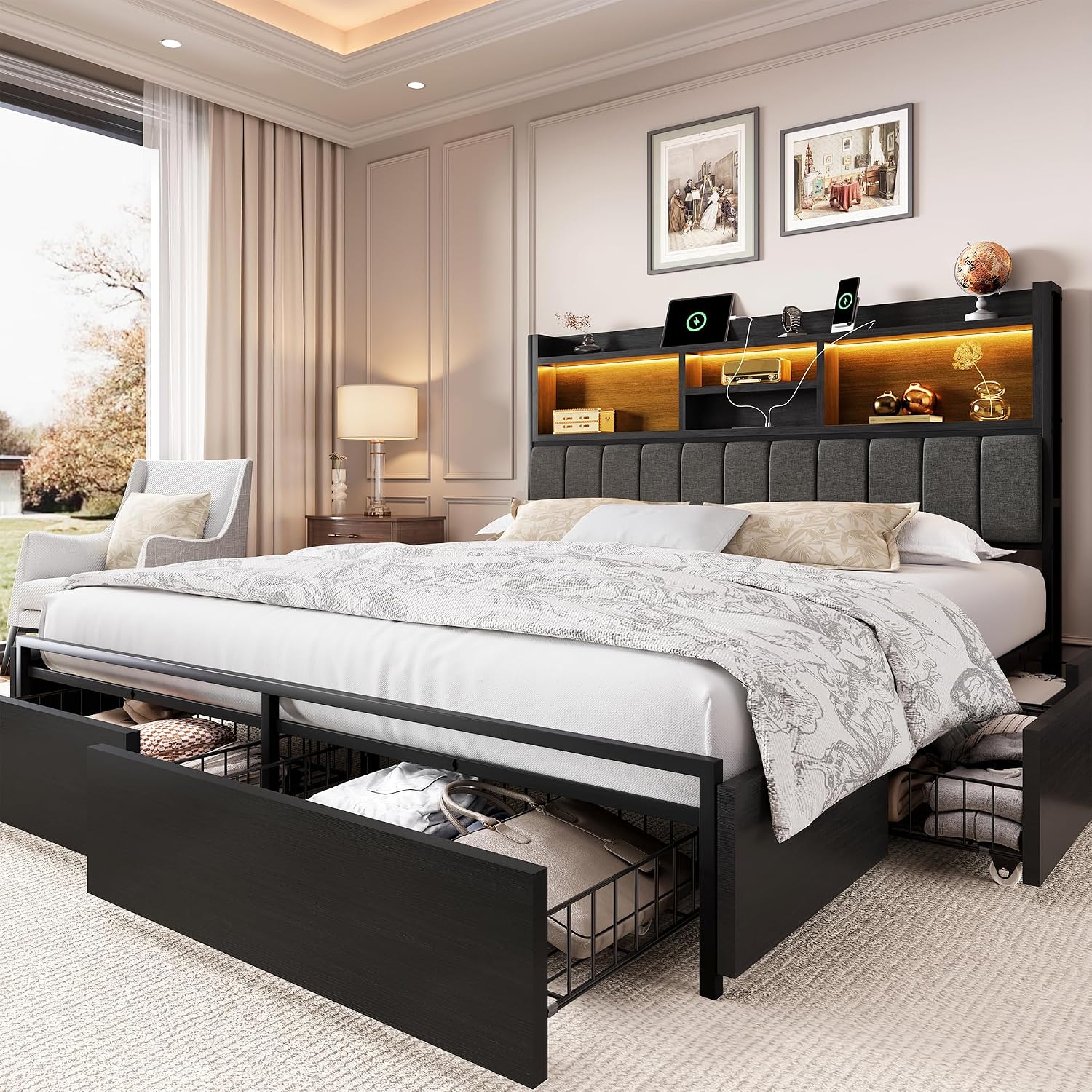 King Size Bed Frame With Storage Drawers - Kingsize bedframe met 6 opbergladen, kingsize