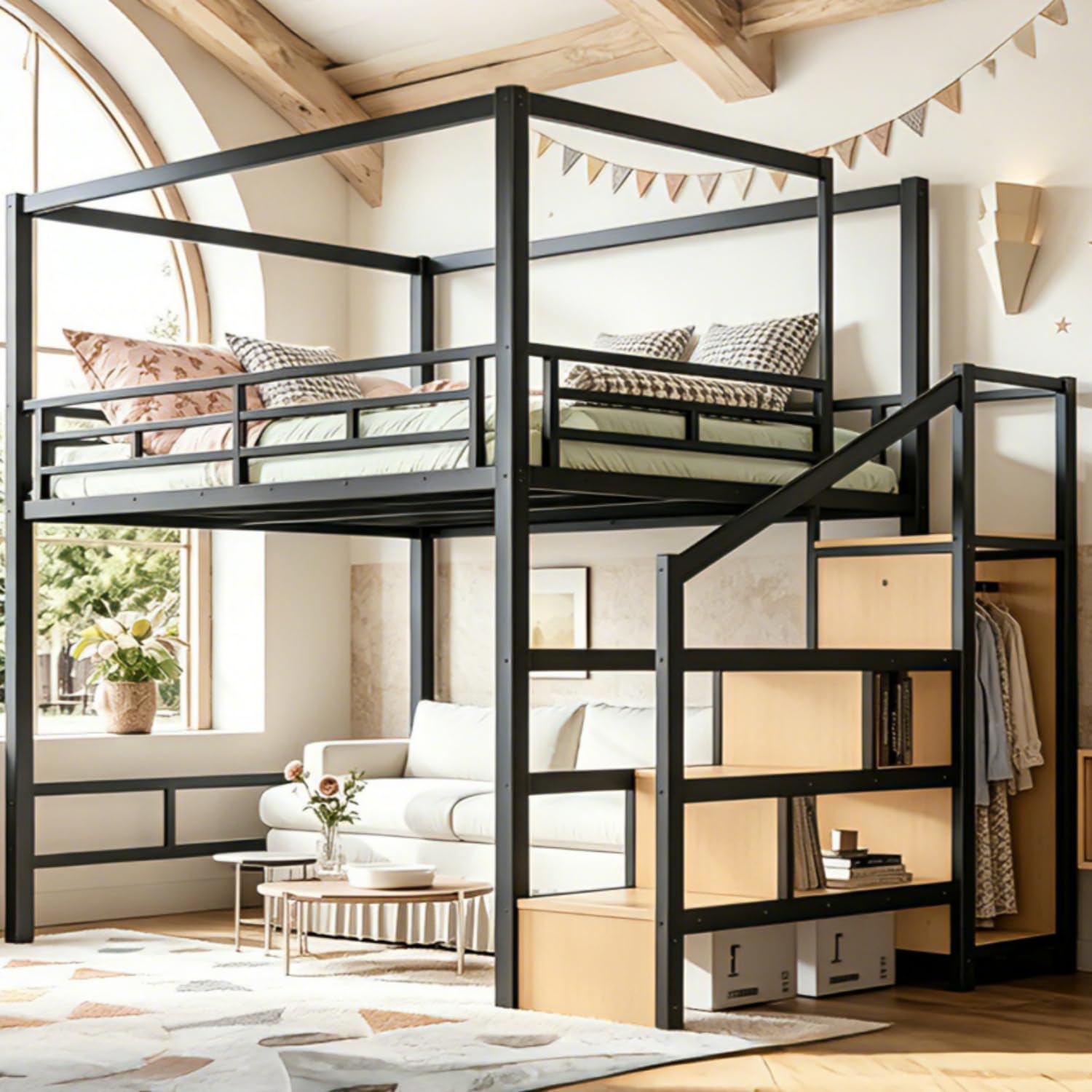 Canopy Bed Frame Metal Queen - Queen Loftbed met opbergruimte, trap en