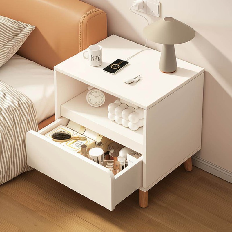 Solid Wood Nightstand 2 Drawers - Wit nachtkastje Slaapkamer met lades Opbergkast