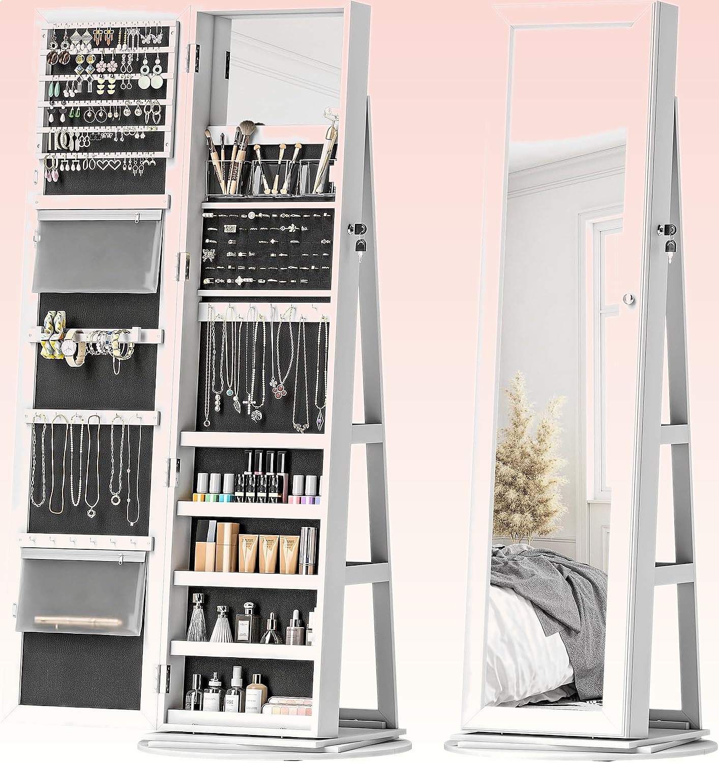 Full Length Mirror Jewelry Armoire - HOMCOM 360 ° Draaibare, afsluitbare sieradenkastorganizer