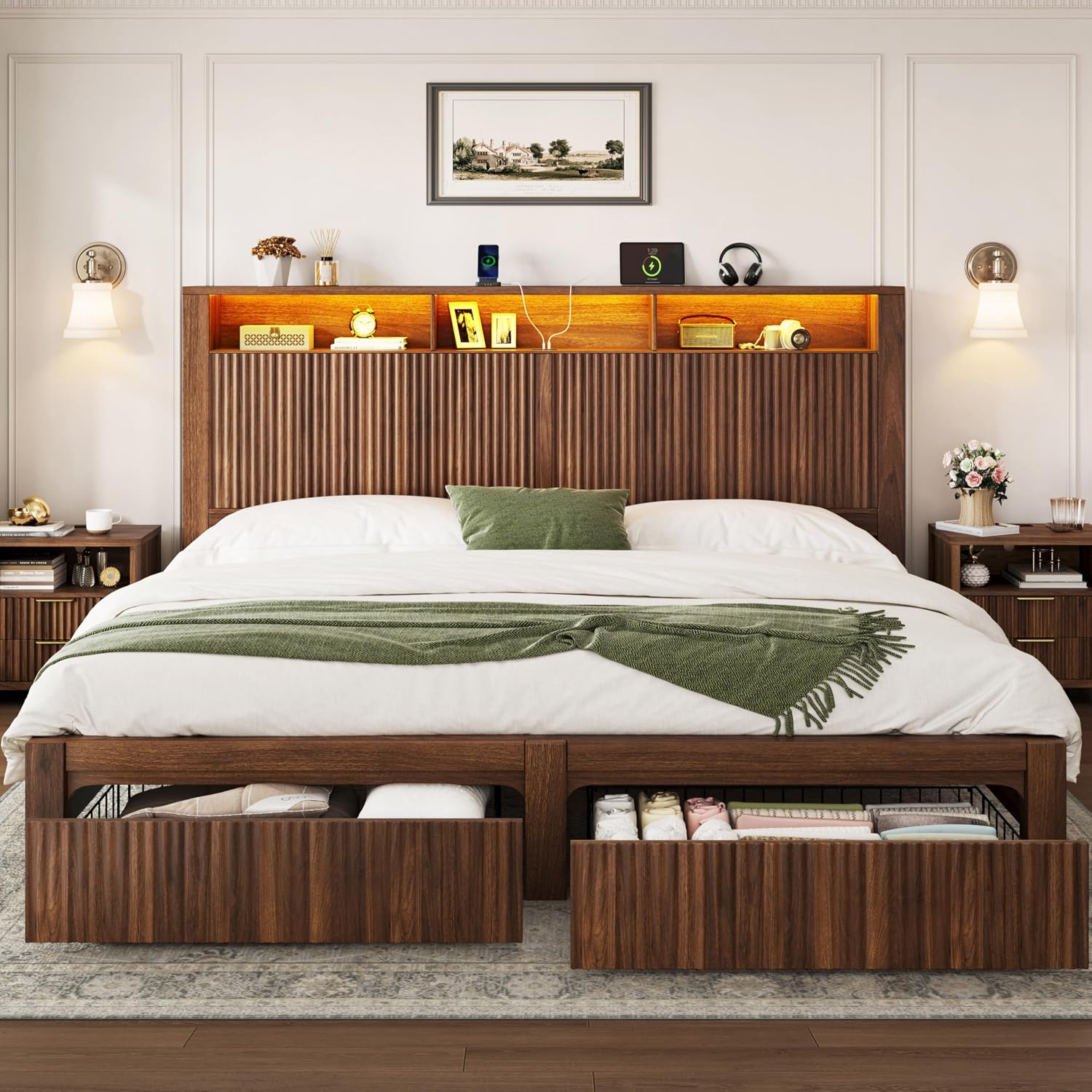 King Size Bed Frame With Storage Drawers - Kingsize bedframe en hoofdeinde & 2