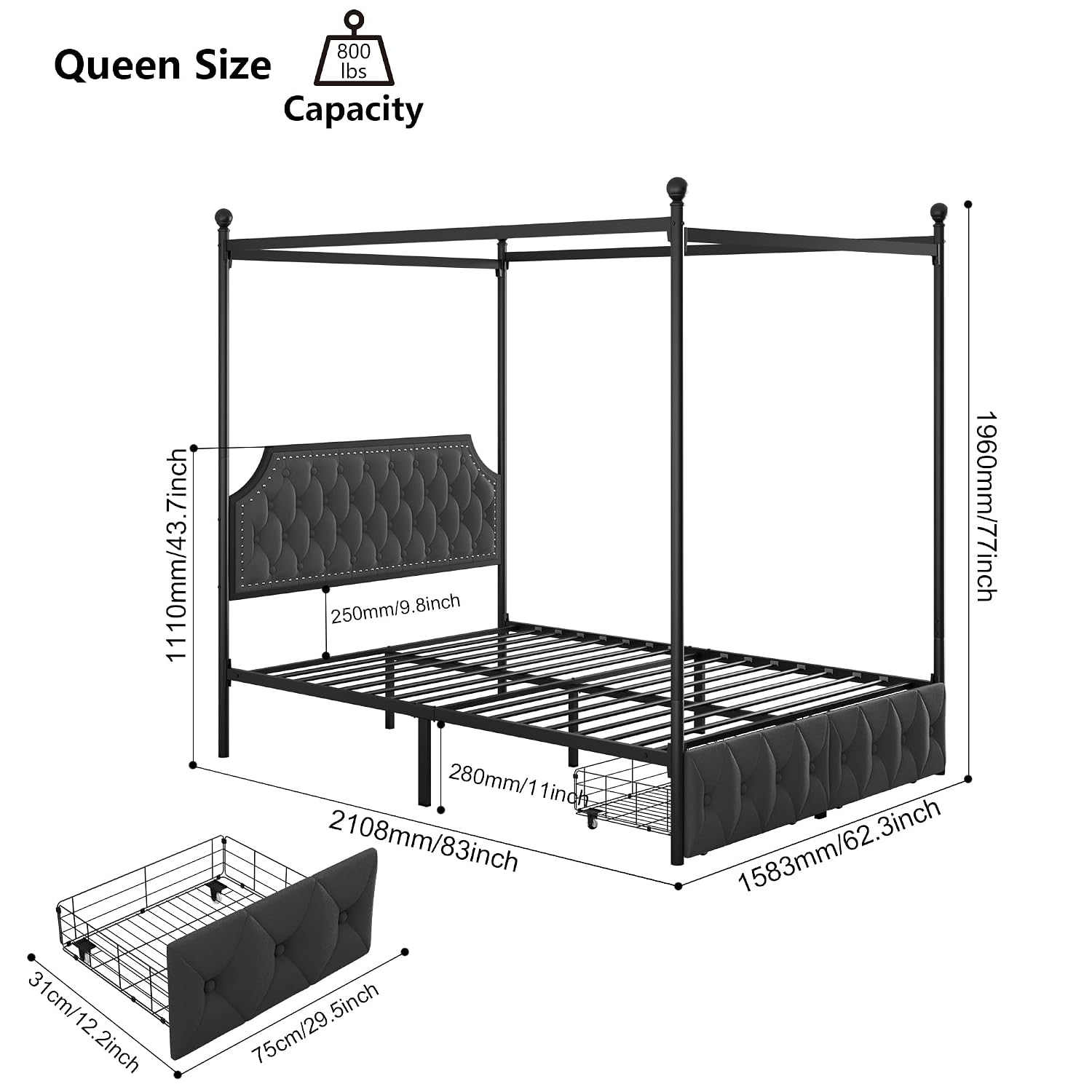 Canopy Bed Frame Metal Queen - Bedframe met hemelbed, opberglades en een