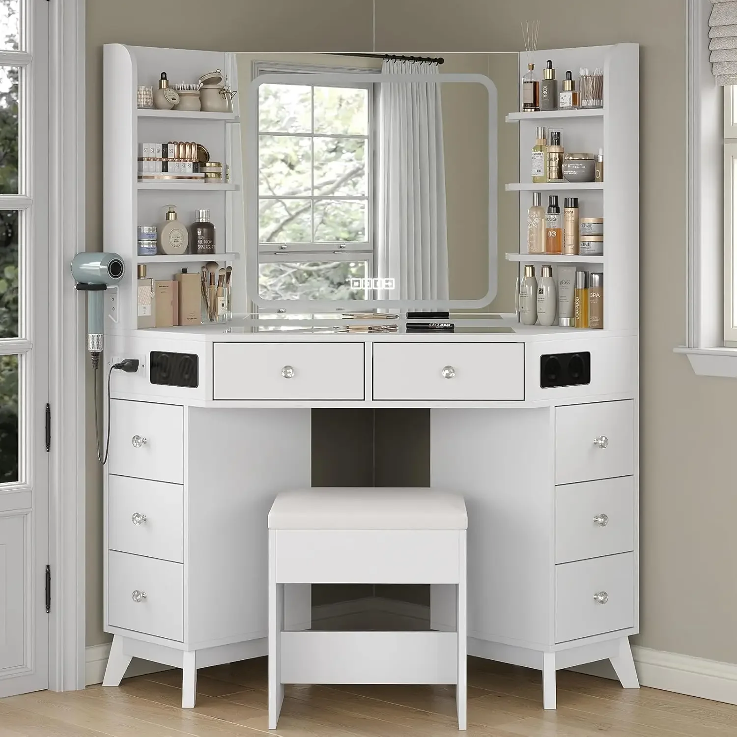 Dressing Table Vanity With Lighted Mirror - Hoekkaptafel met luidspreker, laden, planken, make-upspiegel,