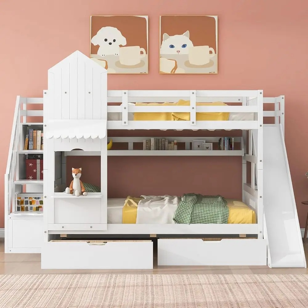 Bunk Bed With Stairs And Slide - Wit kinderstapelbed met glijbaan en opbergtrap,