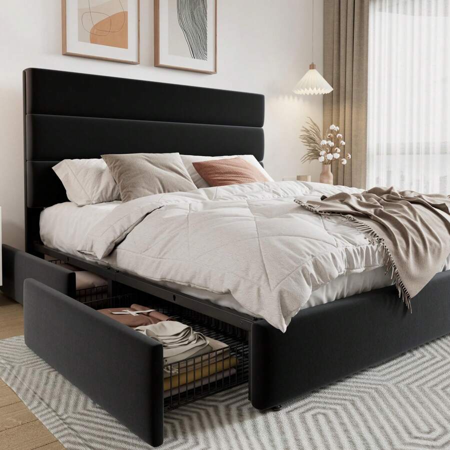 King Size Bed Frame With Storage Drawers - Volledig/Queensize/Kingsize platformbedframe met 4 opbergladen en