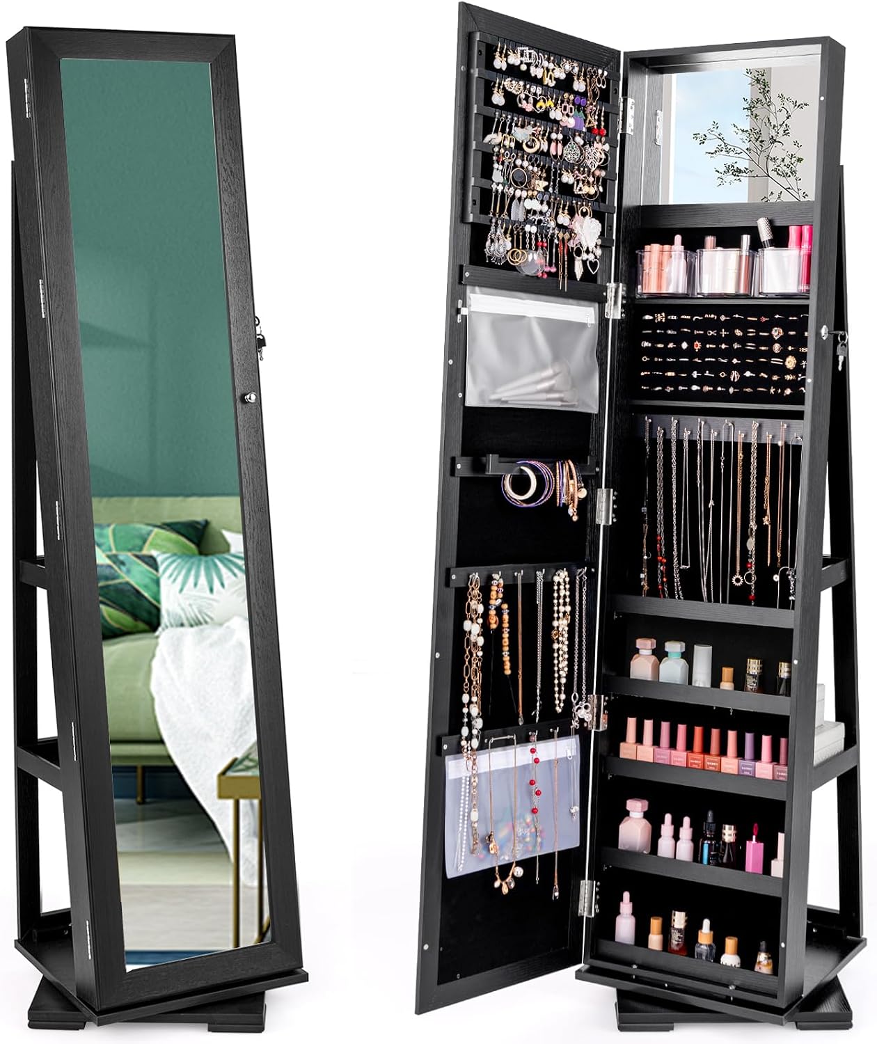 Full Length Mirror Jewelry Armoire - Zwarte, staande, afsluitbare, 360 graden draaibare