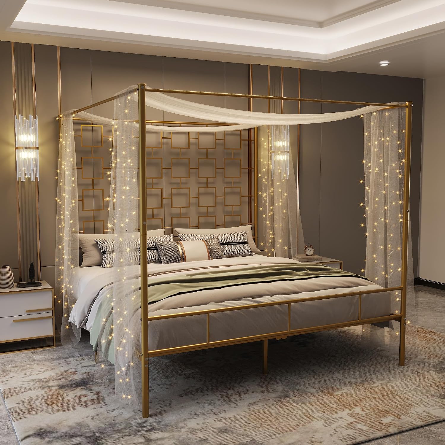 Canopy Bed Frame Metal Queen - Koninginnekamerbedframe van metaal met vierposterbed, hoofdeinde