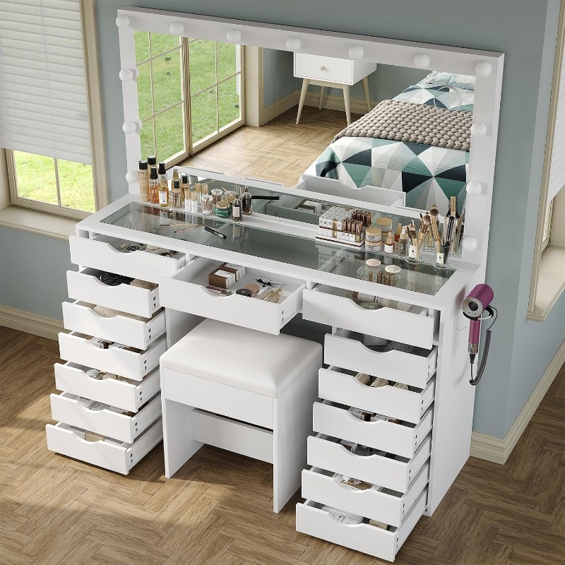 Dressing Table Vanity With Lighted Mirror - Yanosaku Kaptafel met Spiegel en Verlichting,