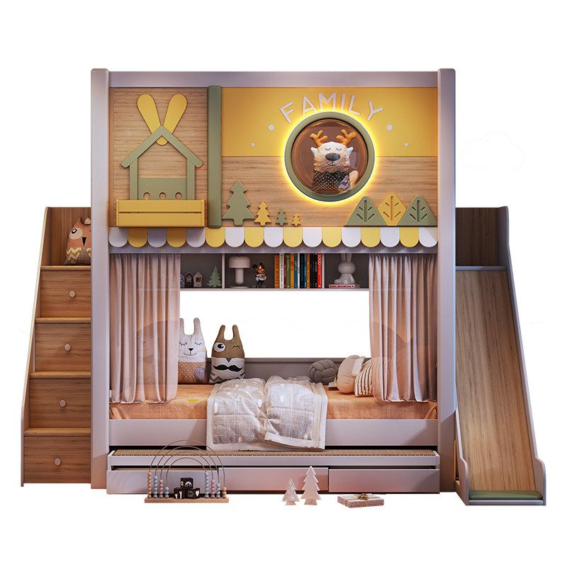 Bunk Bed With Stairs And Slide - Modern kinderstapelbed met bos-thema, glijbaan, opbergruimte,