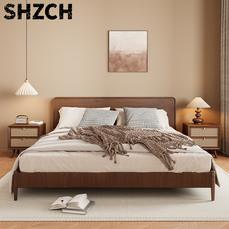 Solid Wood Nightstand 2 Drawers - Massief houten nachtkastje met geweven rotan