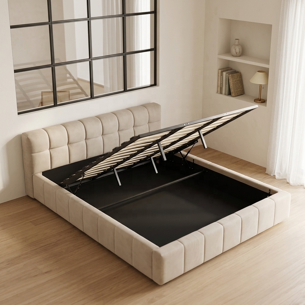 Gas Lift Storage Bed Hydraulic - Modern gestoffeerd zacht bed met opbergruimte,