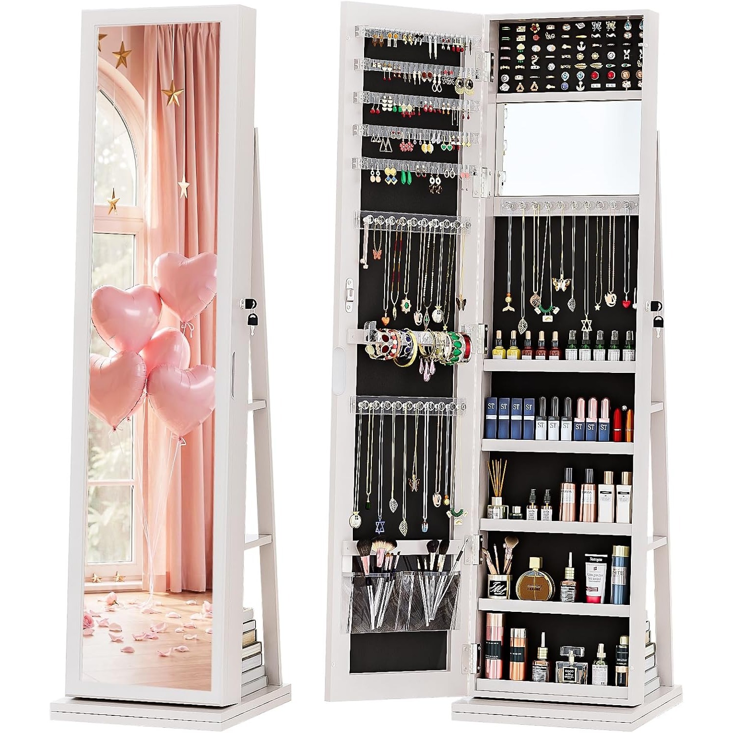 Full Length Mirror Jewelry Armoire - 4-in-1 Sieradenkast Sieradenkastje Met Slot, Wit