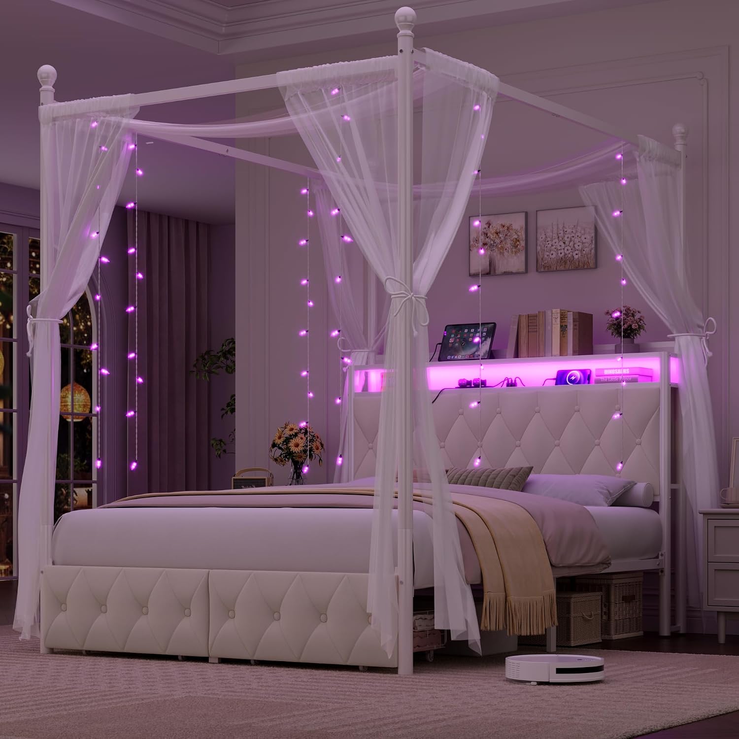 Queen-size LED-hoofdbord met o - Canopy Bed Frame Metal Queen recensie en prijs