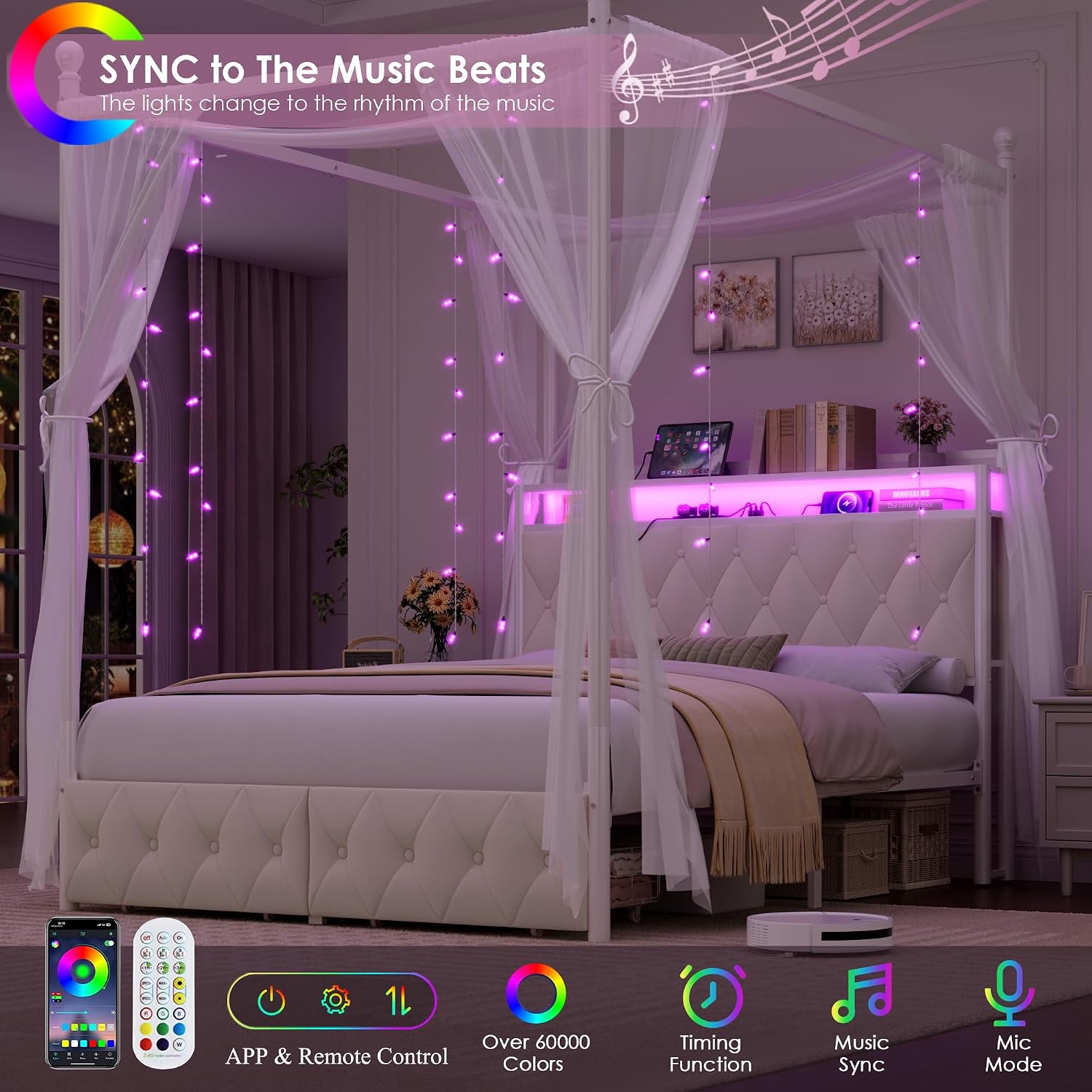 Queen-size LED-hoofdbord met o - Canopy Bed Frame Metal Queen recensie en prijs