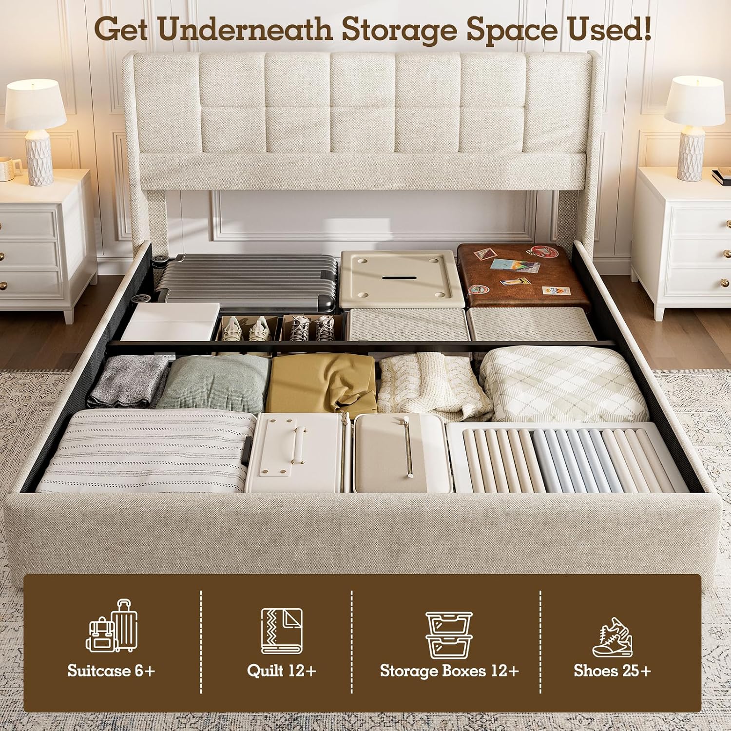Linnen bekleed kingsize bedfra - Gas Lift Storage Bed Hydraulic recensie en prijs