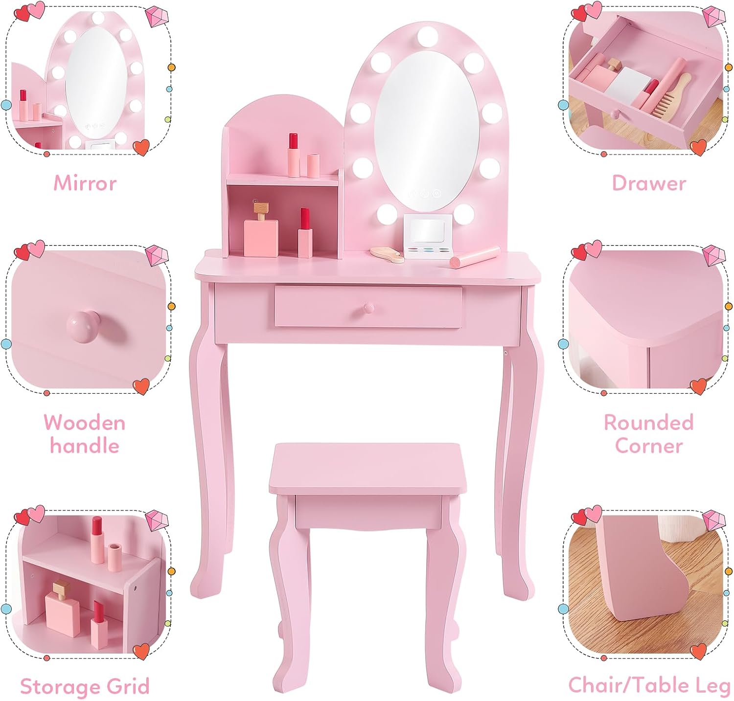 Kinderkaptafel in prinsessenst - Dressing Table Vanity With Lighted Mirror recensie en prijs