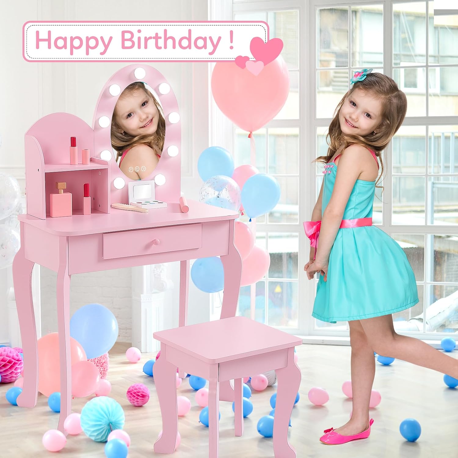Kinderkaptafel in prinsessenst - Dressing Table Vanity With Lighted Mirror recensie en prijs