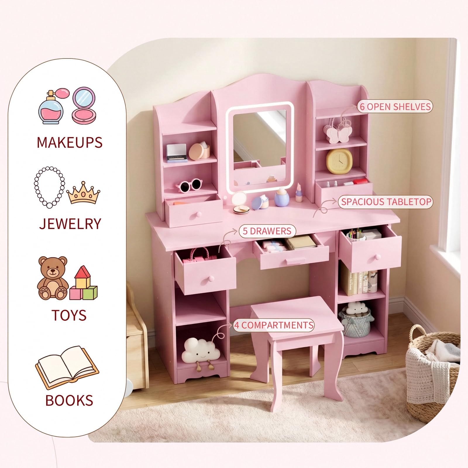 Kinderkaptafel met 3-kleurige  - Dressing Table Vanity With Lighted Mirror recensie en prijs