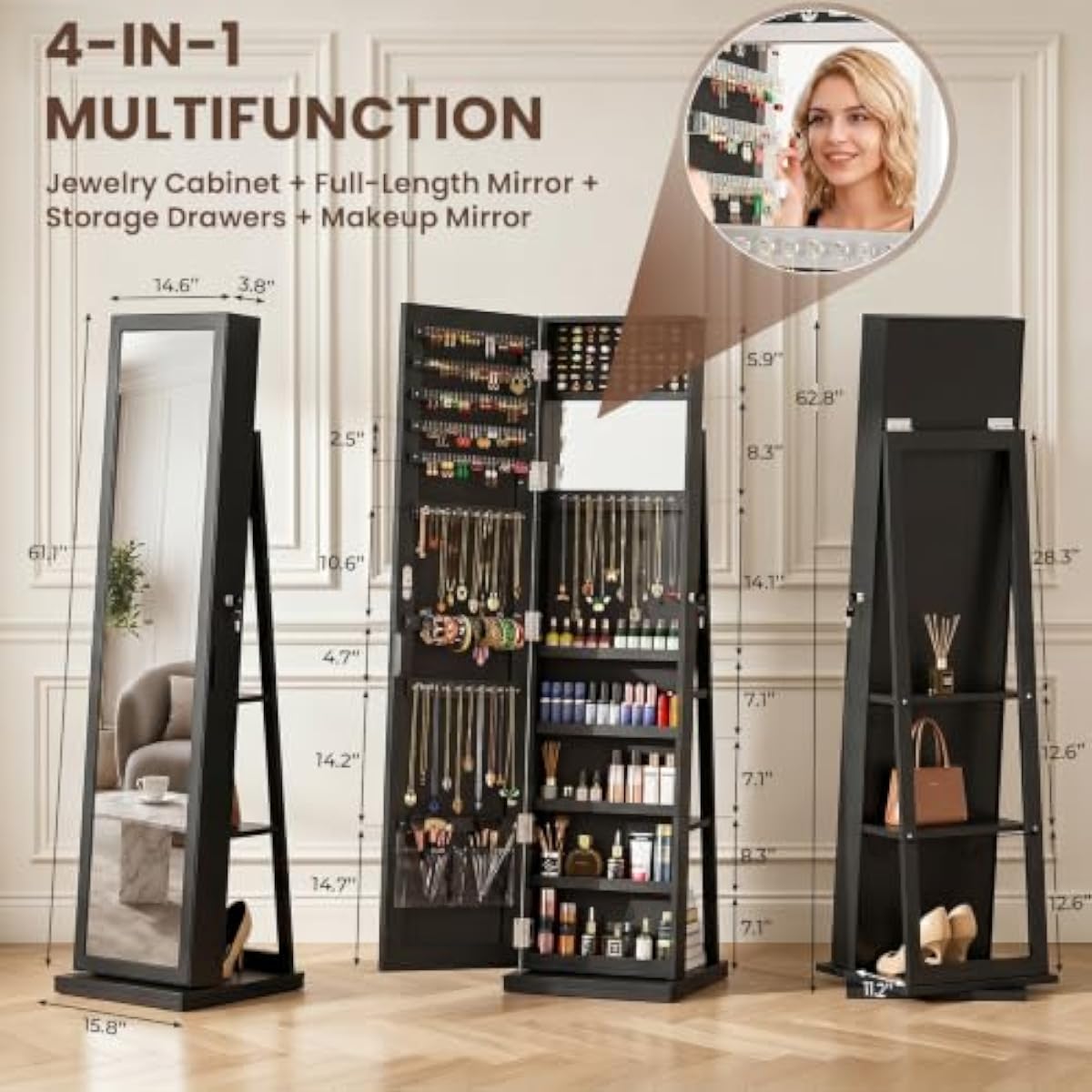 Elegante zwarte staande sierad - Full Length Mirror Jewelry Armoire recensie en prijs