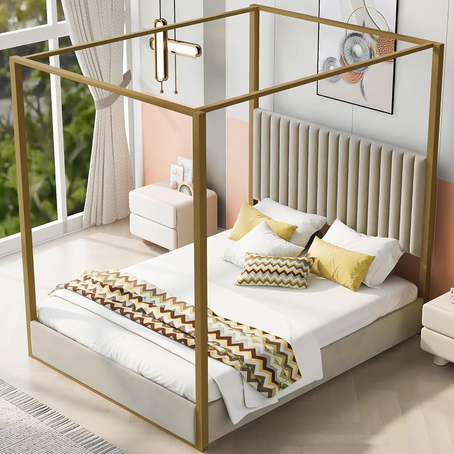 Modern 4-poster bed met hoofdb - Canopy Bed Frame Metal Queen recensie en prijs