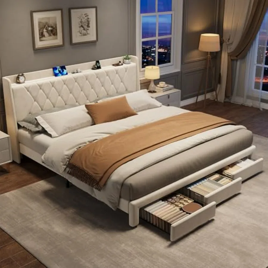 Groot bedframe met fluwelen be - King Size Bed Frame With Storage Drawers recensie en prijs